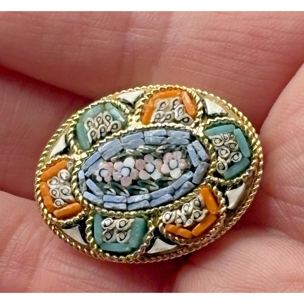 Vintage Micro Mosaic Brooch Pin Italy Flowers Beautiful Detail